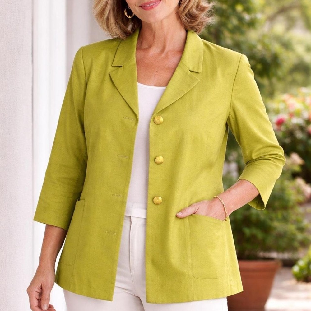 Worthington Green Linen Blend Blazer 3/4 Sleeve Button Front Jacket Womens M